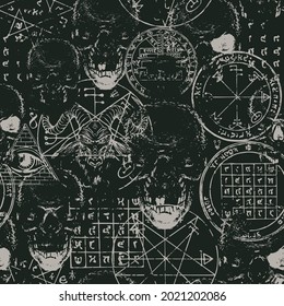 seamless pattern with goat head, human skulls, esoteric and occult symbols on an old paper backdrop. Hand-drawn vector background on theme of satanism, black magic, occultism in grunge style