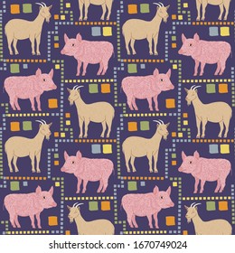Seamless pattern of goat and pig with modern ornament elements. Repeatable textile vector print, wallpaper design.