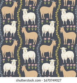 Seamless pattern of goat and sheep with floral ornament elements. Repeatable textile vector print, wallpaper design.