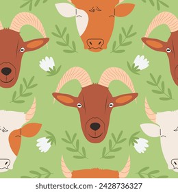 Seamless pattern with goats and cows, farm domestic animals heads. Hand drawn vector illustration