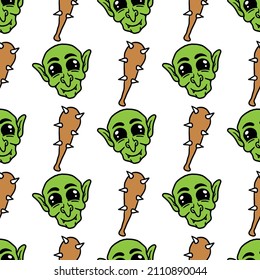 seamless pattern goblin head with hunting on white background