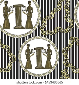 Seamless pattern with Goddes Themis , column, chains in hand drawn. Black, white and gold color. For modern trendy fashion fabrik in greek style.