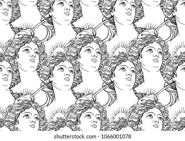 Seamless pattern with goddess portraits of Ancient Greece. High-detailed black outlines isolated on white. Bohemian chic great for textile and print fashion. Romantic vector illustration.