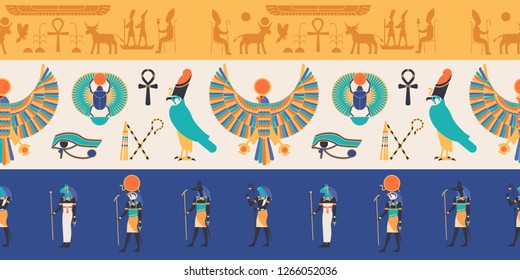 Seamless pattern with gods, deities and creatures from ancient Egyptian mythology and religion, hieroglyphs, religious symbols. Colorful flat vector illustration for textile print, backdrop.