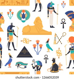 Seamless pattern with gods, deities and mythological creatures from ancient Egyptian mythology and religion, sacred animals, symbols, architecture and sculpture. Colorful flat vector illustration.