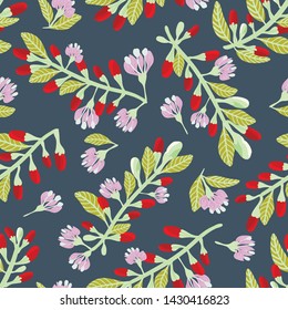 Seamless pattern of goji berries/ goji berry blooming on dark background. Vector illustration.