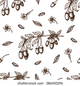 Seamless pattern of Goji berries on a branch. Vector illustration. 