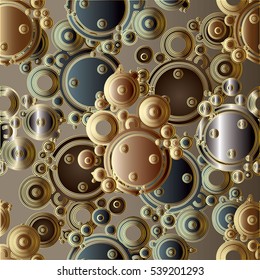 Seamless pattern. Gold 3d circles mosaic vector background.