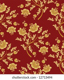 Seamless pattern with gold abstract flowers on a red background  (can be repeated and scaled in any size)