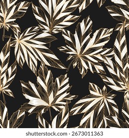 Patrón sin fisuras de hojas abstractas dibujadas a mano de oro. Plantilla creativa del ornamento de la hoja del arte para la impresión de la tela de la moda, tarjeta. Ilustración de la naturaleza del Vector del follaje de lujo aislado en fondo negro