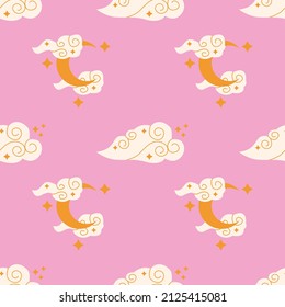 Seamless pattern with gold abstract moon, stars and clouds. Mystical and mysterious Illustration on pink. Astronomy colorful magic sky wallpaper with moon. Scandinavian style magician pattern