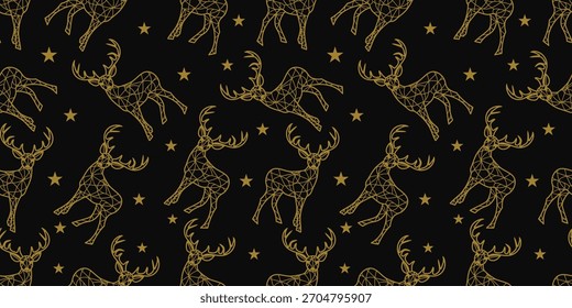 Seamless Pattern Gold Abstract Reindeer Lines and Stars Christmas Decoration. Vector illustration.