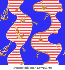 Seamless pattern with gold anchor, coins and chains for fabric design. Vector