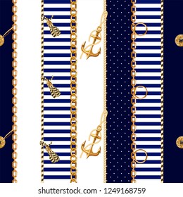 Seamless pattern with gold anchor, coins and chains for fabric design. Vector