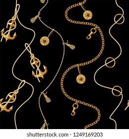 Seamless pattern with gold anchor, coins and chains for fabric design. Vector