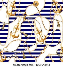 Seamless pattern with gold anchor, coins and chains for fabric design. Vector