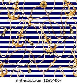 Seamless pattern with gold anchor, coins and chains for fabric design. Vector