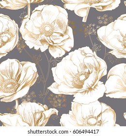 Seamless pattern with a gold Anemone flowers on a gray background. Vector illustration.