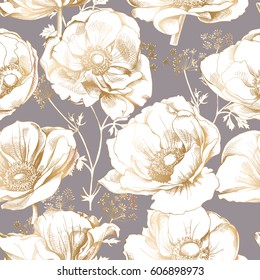 Seamless pattern with a gold Anemone flowers on a gray background. Vector illustration.