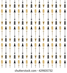 Seamless pattern with gold arrows. Tribal ornament. Ethnic and Aztec pattern. Tribal background. Vector illustration