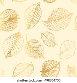 Seamless pattern - gold autumn elm leaf background. Autumn wallpaper. Vector illustration