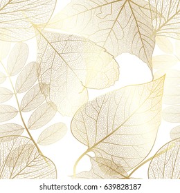 Seamless Pattern With Gold Autumn Leaves. Vector, 