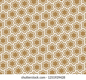 Seamless pattern in gold background and white average thickness lines.The six-pointed stars and hexagons.