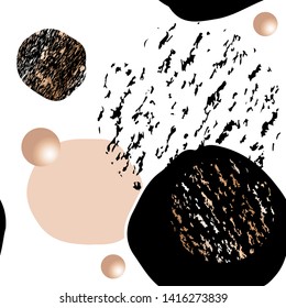 Seamless pattern. Gold balls, nude and black round spots, golden brush strokes on a white background. Abstract background.