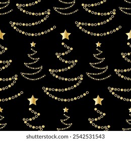 Seamless Pattern of Gold Beaded Christmas Trees with Stars on Black Background
