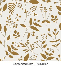 Padrão sem emenda com bagas de ouro e folhas no fundo claro. Fundo floral. Ilustração vetorial.
