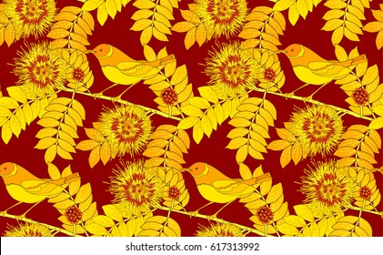Seamless pattern with gold birds, flowers and yellow leaves on red background.