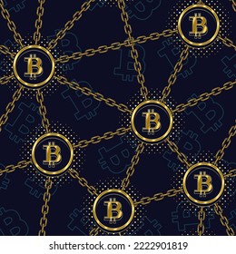 Seamless pattern with gold bitcoin symbols, gold chains. Outline bitcoin icons are behind. Cryptocurrency, digital money pattern. Vector illustration.