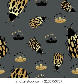 Seamless pattern of gold and black beetles. Template for the design of fashionable fabrics, home textiles, clothing, paper, wallpaper, unusual packaging, curtains. Vector illustration.