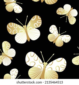Seamless pattern of gold and black butterflies. Template for the design of trendy fabrics, home textiles, clothing, paper, wallpaper, unusual packaging, curtains. Vector illustration.