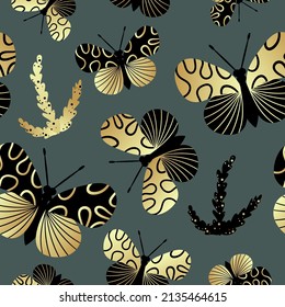 Seamless pattern of gold and black butterflies. Template for the design of trendy fabrics, home textiles, clothing, paper, wallpaper, unusual packaging, curtains. Vector illustration.