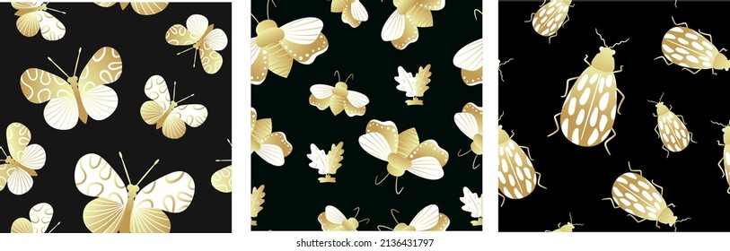 Seamless pattern of gold and black butterflies. Template for the design of trendy fabrics, home textiles, clothing, paper, wallpaper, unusual packaging, curtains. Vector illustration.