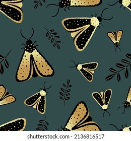 Seamless pattern of gold and black butterflies. Template for the design of trendy fabrics, home textiles, clothing, paper, wallpaper, unusual packaging, curtains. Vector illustration.
