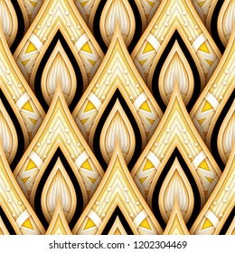 Patrón sin problemas con motivos étnicos dorados y negros. Textura sin fin con elemento abstracto. Art Déco, Nouveau, Islámico, Árabe. Ornamento Glossy Realista. Ilustración vectorial 3d. Abstracción de Ornato