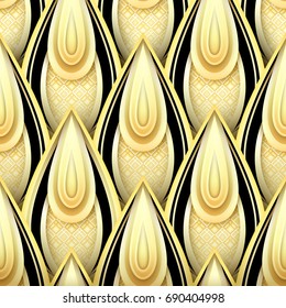 Seamless Pattern with Gold and Black Ethnic Motifs. Endless Texture with Abstract Element. Art Deco, Nouveau, Islamic, Arabic. Realistic Glossy Ornament. Vector 3d Illustration. Ornate Abstraction