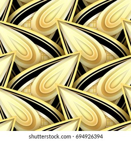 Seamless Pattern with Gold and Black Ethnic Motifs. Endless Texture with Abstract Element. Art Deco, Nouveau, Islamic, Arabic. Realistic Glossy Ornament. Vector 3d Illustration. Ornate Abstraction