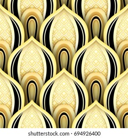Seamless Pattern with Gold and Black Ethnic Motifs. Endless Texture with Abstract Element. Art Deco, Nouveau, Islamic, Arabic. Realistic Glossy Ornament. Vector 3d Illustration. Ornate Abstraction