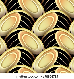Seamless Pattern with Gold and Black Ethnic Motifs. Endless Texture with Abstract Element. Art Deco, Nouveau, Islamic, Arabic. Realistic Glossy Ornament. Vector 3d Illustration. Ornate Abstraction