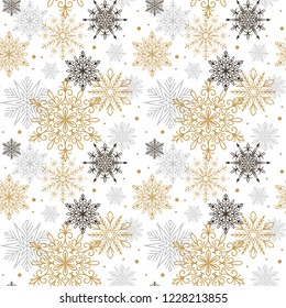 Seamless pattern with gold, black and gray snowflakes isolated on white background. Christmas design. Could be used for gift wrapping paper, prints, fabrics, textiles, web design