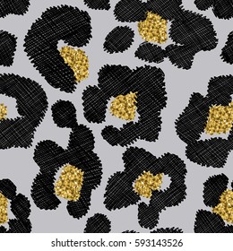 Seamless pattern with a gold and black Leopard Skin texture on a gray background. Vector illustration.