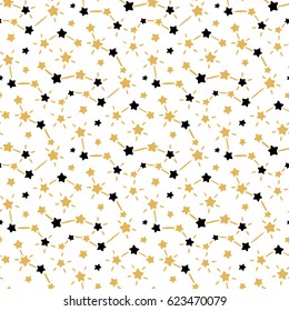 Seamless pattern with gold and black stars on a white background. It can be used for  packaging, wrapping paper, textile and etc.