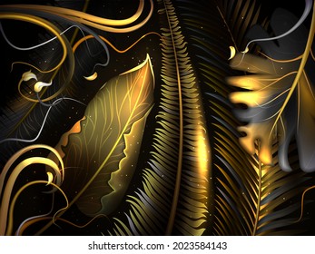 Seamless pattern with gold and black tropical leaves on dark background. Neon glowing plants with golden decoration. Realistic jungle leaf with palm trees, lianas. Luxury exotic botanical design.
