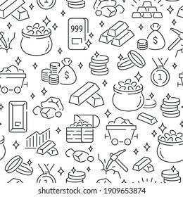 Seamless pattern with gold. Black and white thin line icons