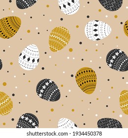 Seamless pattern with gold, black, white Easter eggs. Fully editable. Vector flat illustration