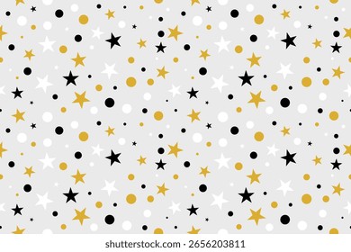 Seamless Pattern of Gold, Black, and White Stars on Light Gray Background. Elegant Minimal Design. Vector Illustration