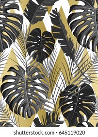 Seamless pattern with gold black white grayscale colored tropical exotic palm leaves on abstract geometric zigzag style background. Fabric, wrapping paper print. Vector illustration stock vector.